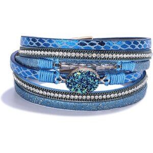Leather Wrap Bracelet Boho Crystal Beads Cuff Jewelry for Women